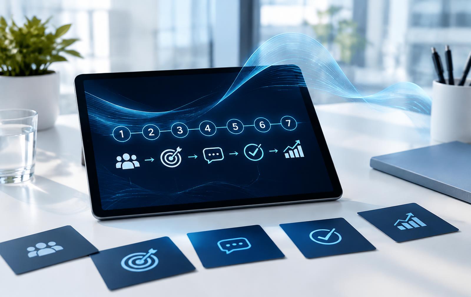 Tablet mit sieben verbundenen Schritten und Symbolen für den Lead-Prozess